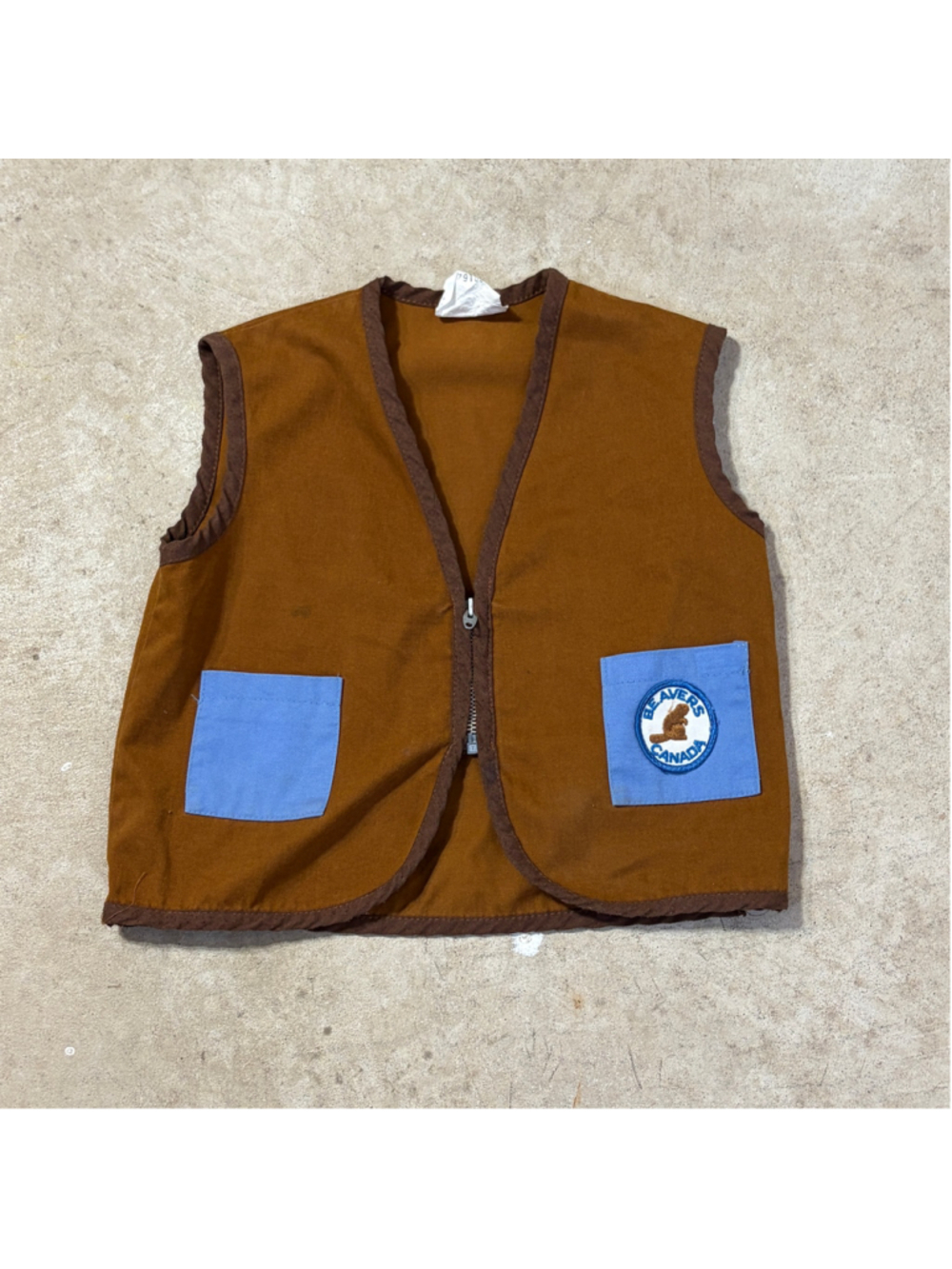 Vintage Beavers Canada Vest Youth Boy’s Size 10 Brown Blue Front Zipper Pockets
